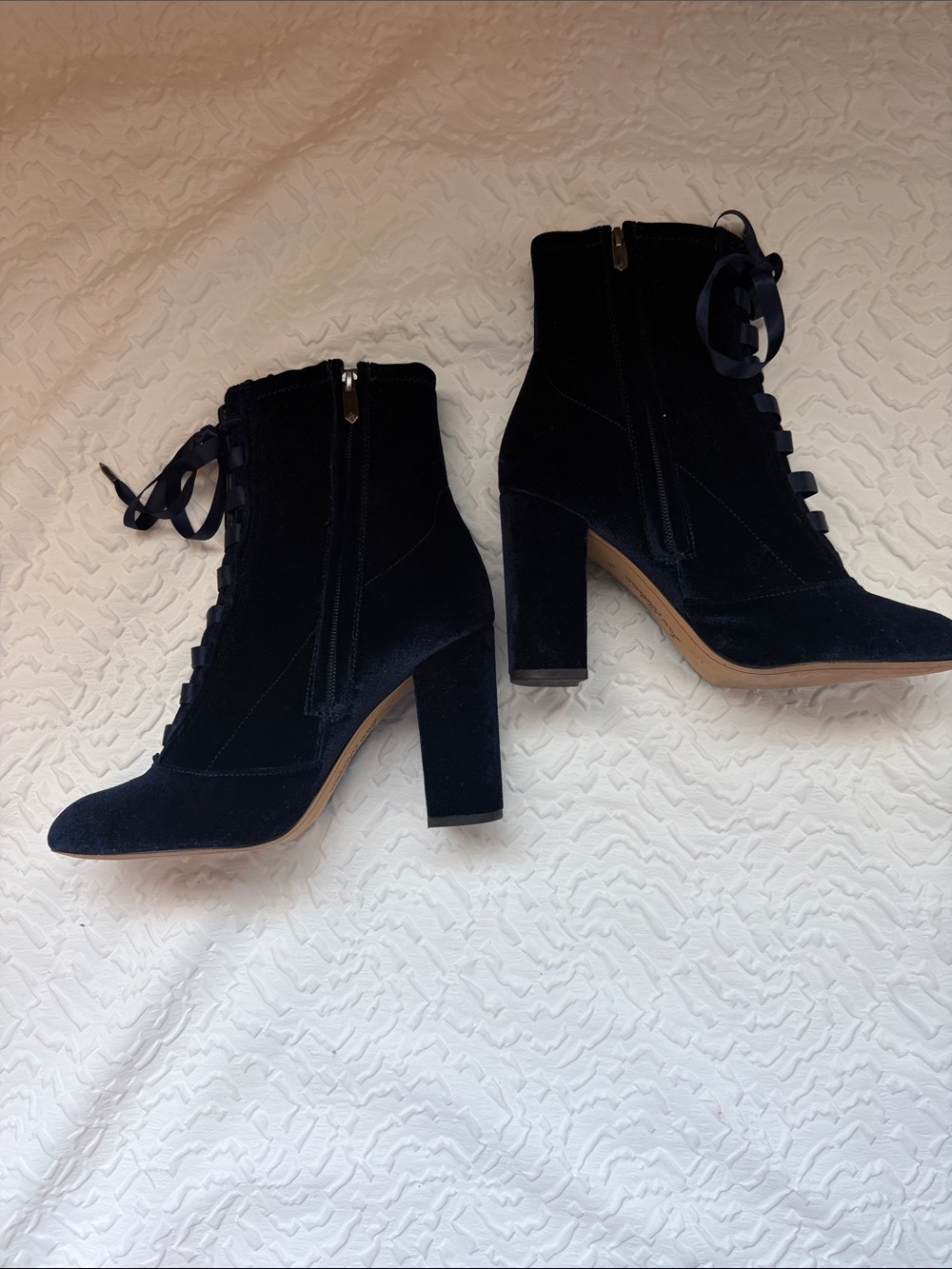 Sam Edelman Boot Blue Velvet Ankle Sz 7.5 Whimsy Cottagecore Lace-up Victorian